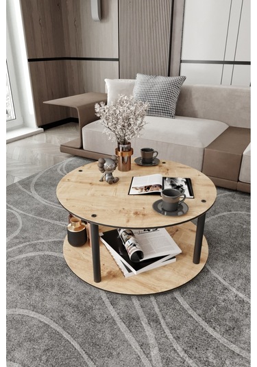 Dekoratif Mdf Masivo Orta Sehpa 70x70 Yuvarlak Safir Meşe Meşe