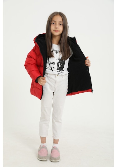 Kız Çocuk Kırmızı İçi Polarlı Kapüşonlu Su Geçirmez Rüzgara Dayanıklı Cepli Şişme Kışlık Mont Kırmızı