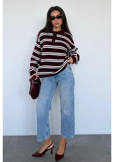 Bordo Polo Yaka Çizgili Kadın Triko Kazak Mg2469 Bordo