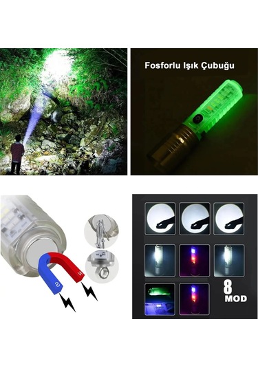 El Feneri 8 Mod Şarjlı Fosforlu Mıknatıslı Led El Feneri