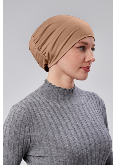 Kadın Tesettür Hazır Pratik Geçmeli Bone Lastikli Kaymaz Sütlü Kahve Sütlü Kahverengi