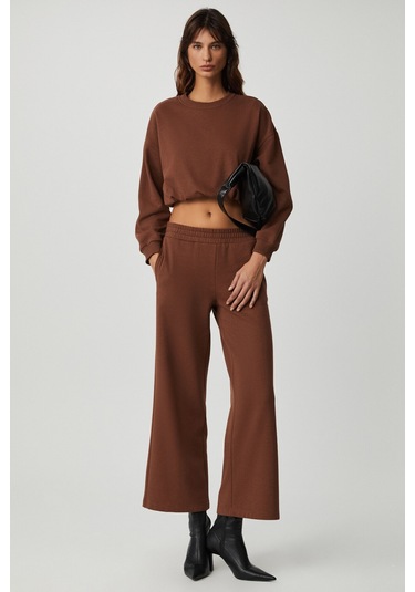 Dewanna  Kadın Uzun Kollu Crop Acı Kahve Eşofman Takımı