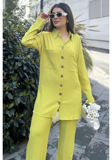 Kadın Yeşil Gofre Kumaş, Çift Cepli Gömlek & Bol Paça Pantolon - Salaş Alt & Üst Takım Yağ Yeşili