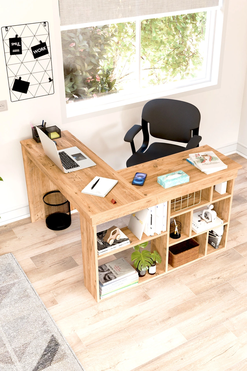 Corn Köşe Çalışma Masası Raflı Bilgisayar, Ofis Masası Atlantik Çam Atlantik Çam