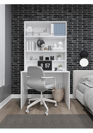 Asra Trend %100 Mdflam Raflı Çalışma Masası Bilgisayar Ofis Ders Masası Çm-03 Beyaz