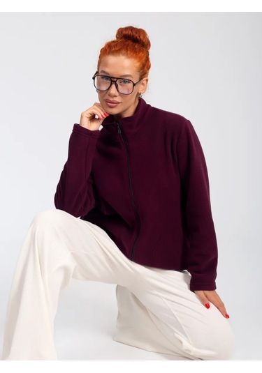 Domtrik Fermuarlı Sıcak Fleece Sweatshirt 300911856 Şarap Rengi