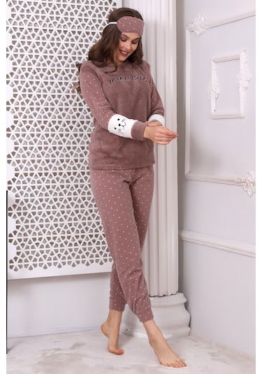 Fawn 3012 Peluş Welsoft Polar Kışlık Vizon Kadın Pijama Takımı Vizon