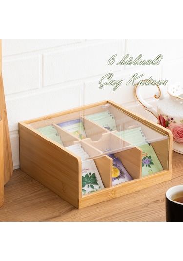 Porsima 005 Ahşap 6 Bölmeli Organizer Poşet Çay Saklama Kutusu Ahşap