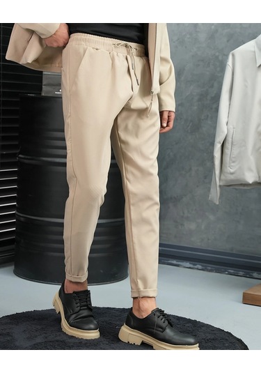 Modefendi Düz Kumaş Oversize Fermuarlı Alt Üst Jogger Takım Bej