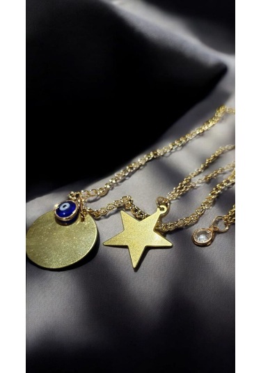 Altın Renk Üç Katmanlı Şans Kolyesi Yıldız, Nazar Ve Işık Taşı Gold