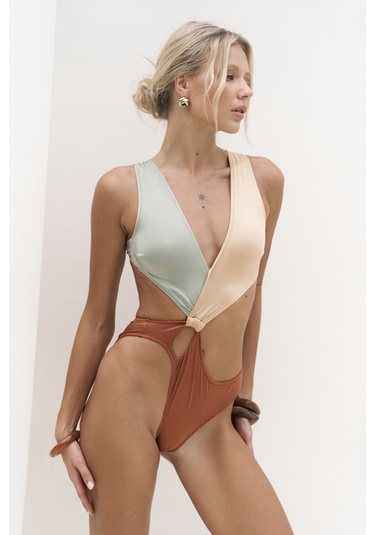 Zahra Renk Bloklu Kiremit Mayokini Çok Renkli