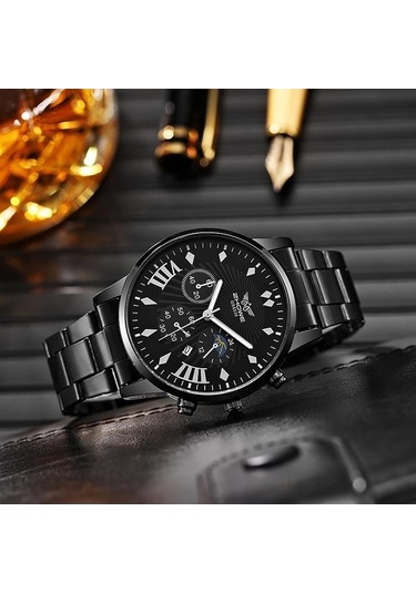 Yingfu Siyah Tarih Göstergeli Paslanmaz Çelik Kuvars Erkek Saati Siyah