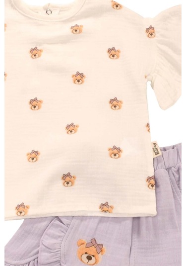 Ayıcık Baskılı Fırfırlı Şortlu Lila Takım Bipamuk 001