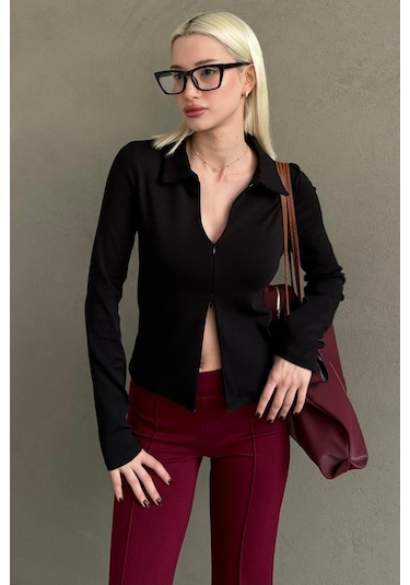Siyah Polo Yaka Çift Fermuarlı Slim Fit Kadın Body Mg2652 Siyah