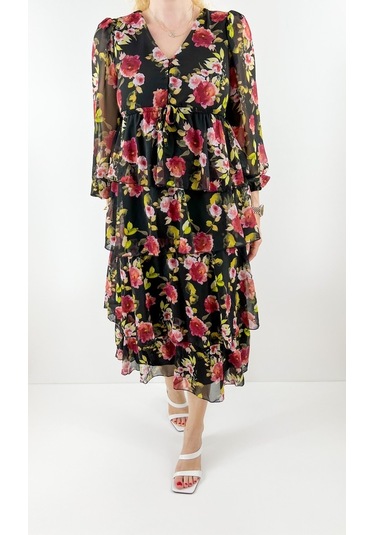 Modaonna Kat Kat Şifon Çiçekli Elbise Çok Renkli