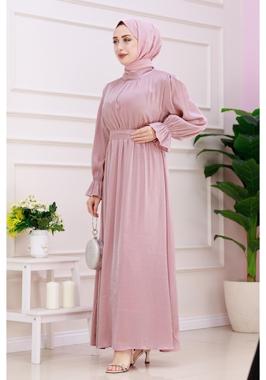 Kolu Volanlı Simli Alya Abiye-pembe-4873