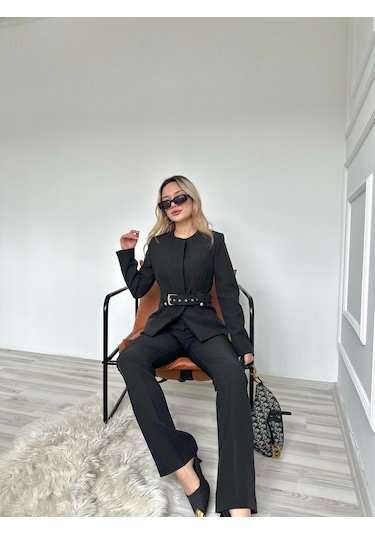 Keymoda Kadın Gold Kemerli Ceket Pantolon Takım Siyah Siyah