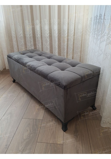 Çizgi Kapitoneli Sandıklı Puf 100 Cm Siyah Ayak Antrasit