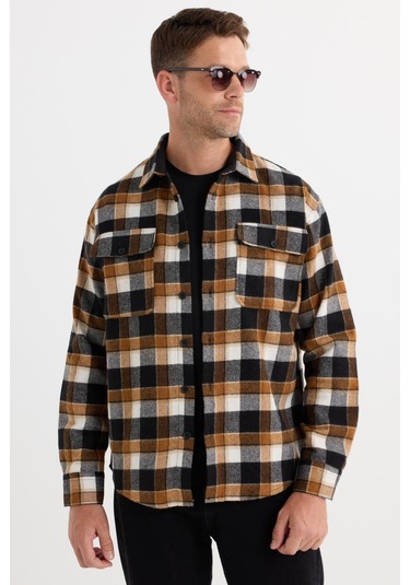 Relax Fit Rahat Kesim Çift Cep Kapaklı Kışlık Oduncu Kareli Erkek Gömlek-37808 Çok Renkli