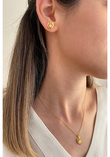 18k Altın Kaplamalı 925 Ayar Gümüş Kalp Set - 67018302 Altın