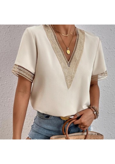 Kadın Modası Rahat Yaz Bahar Düz Renk Baskı Dantel Kısa Kollu V Yaka Bluzlar Ve Gömlekler Kayısı