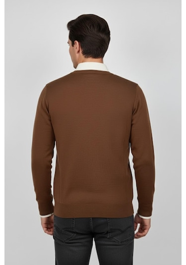 Triko Nehir Erkek V Yaka Triko Kazak Çelik Örgü Regular Kalıp Bgl-st04838 Taba