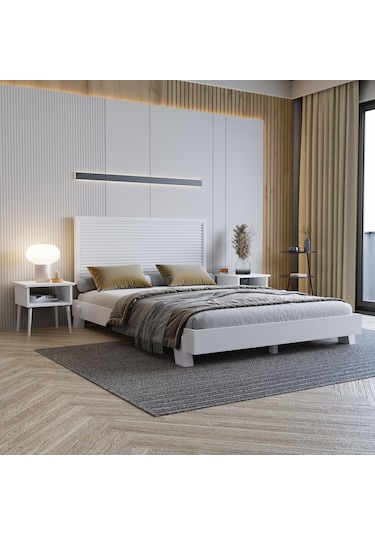 Alaz Model Beyaz Renk Çam Ahşap Karyola Ve İki Komodin Set Yatay -302 160 x 200 CM Alaz Model Beyaz Renk Çam Ahşap Karyola Ve İki Komodin Set Yatay -302 160 x 200 CM