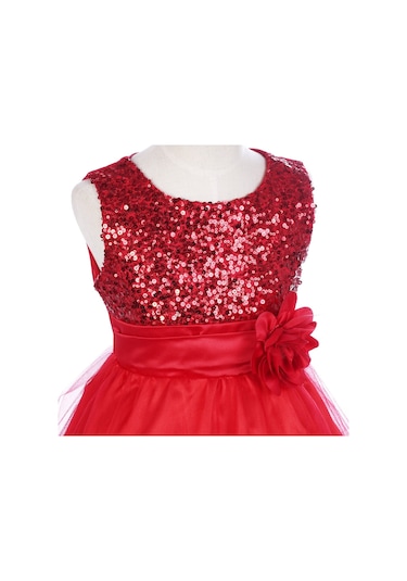 Kız Çocuk Pullu Payetli Abiye Elbise-Kırmızı