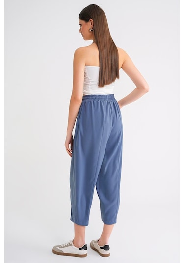4307 Kadın Beli Lastikli Parçalı Şalvar Pantolon İndigo Indigo