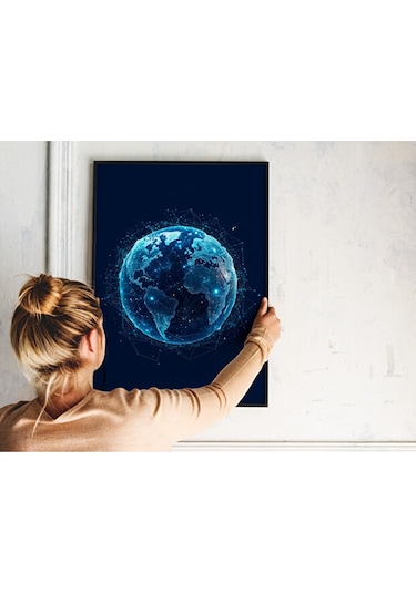 Tablo Ahşap Çerçeveli Tablo Çerçeveli Poster Dijital Ağ Dünya Temalı Tablo, Soyut Tablo