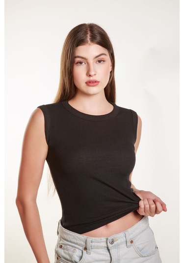 Kadın Siyah Fitilli Likralı Sıfır Kol Bisiklet Yaka Örme Atlet Tshirt Bluz Siyah