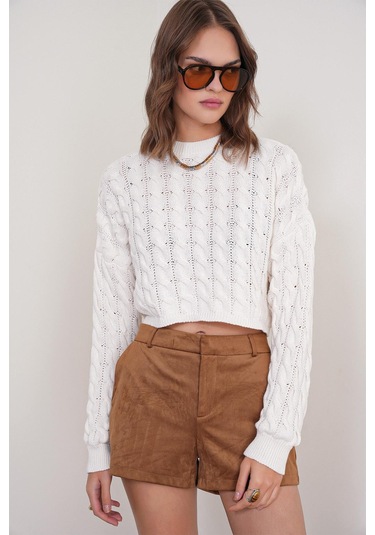 6863 Kadın Saç Örgülü Crop Triko Kazak Kemik Kemik