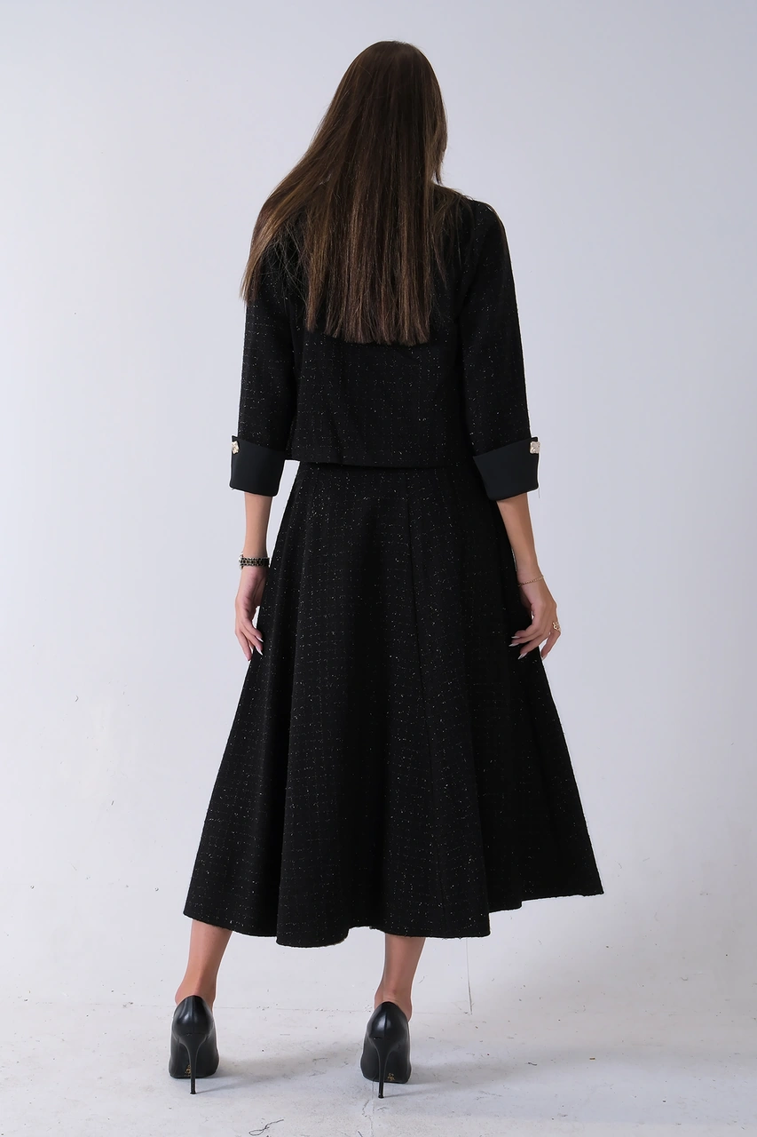 Feminist Siyah Önü Düğme Kapamalı Crop Ceket Etekli Tüvid Takım 45950601.01 Siyah