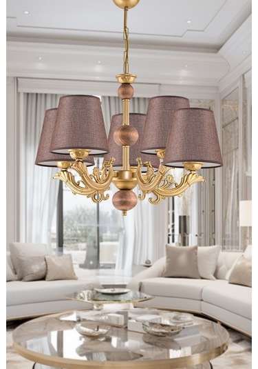 Beş Kollu Ahşaplı Eskitme Zamak Metal Döküm Avize Kahverengi Şapkalı Kahverengi