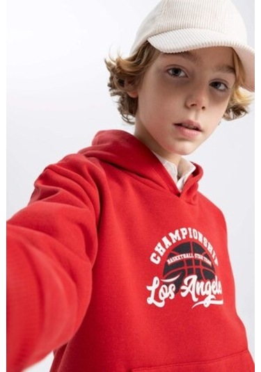 DeFacto Erkek Çocuk Baskılı Kanguru Cepli Kapüşonlu Sweatshirt B7821A8NSBR66 Bordo