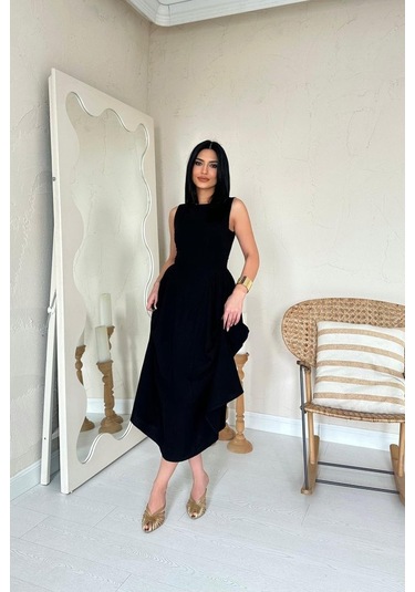 Siyah Yanları Büzgülü Midi Boy Keten Elbise Çok renkli