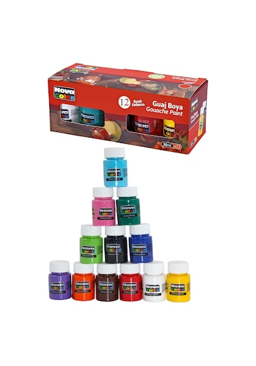 Guaj Boya 12 Renk 30 Ml 1 Paket Nova Color Guaj Boya Seti 12 Li Su Bazlı Şişe Canlı Renkler Resim Okul Çok Renkli
