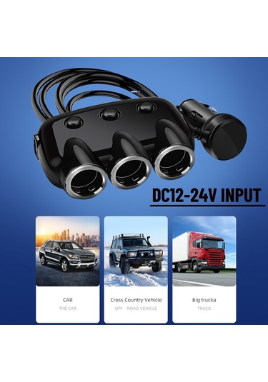 Yifomall Siyah Araç Şarj Cihazı, 3 Fişli, 2 Usb 1a+2.1a , Bağımsız Anahtarlar, Led Gösterge, 12-24v Dc, 120w, 56cm Kablolu