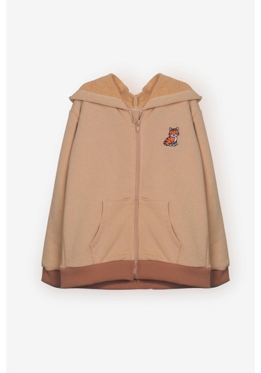 Luess Unisex Çocuk Kedi Nakışlı Fermuarlı Kapüşonlu Hırka Bej