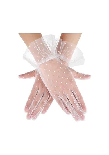 Güpürlü Tüllü Puantiyeli Şeffaf Parti Kostüm Kına Düğün & Gelin Eldiveni Beyaz Çok Renkli