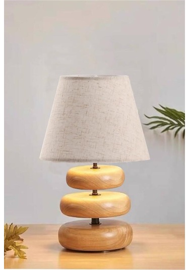 Afro Masif Ahşap Ayaklı Krem Keten Kumaş Şapkalı Dekoratif Abajur Keten