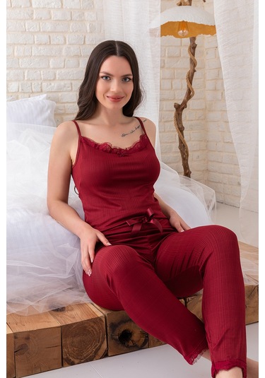 Sabahlıklı Dantel Detaylı Pegasus Kadın Pijama Takımı-çeyizlik Takım- Geniş Beden Aralığı Bordo