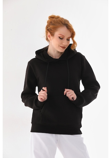 Everest Everst Kapüşonlu 3 İplik Şardonlu Kanguru Cepli Sweatshirt Siyah