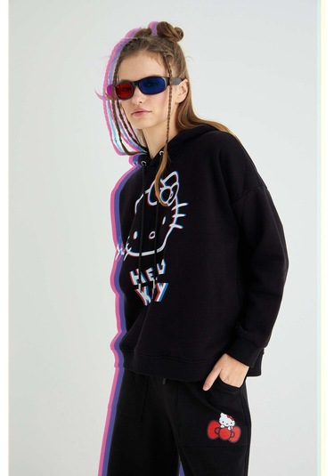 Hello Kitty Lisanslı Baskılı 3d Kapüşonlu Kalın Sweatshirt Renkli