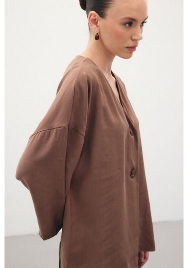 Sateen Düğmeli Kimono - Kahve-136354 Kahve