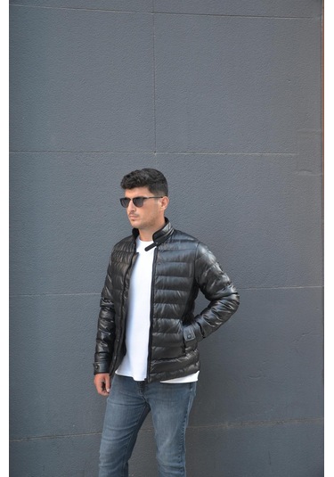 Prifaldi Erkek Dik Yaka Şişme Deri Mont Siyah 001