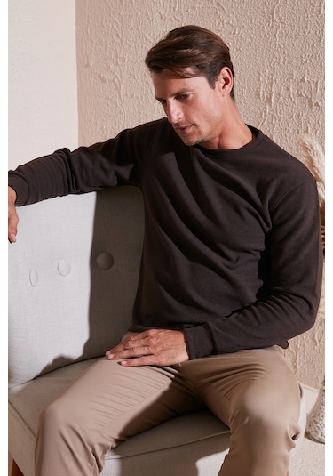 Buratti Slim Fit Bisiklet Yaka Pamuklu Erkek Kazak 456201 Kahve