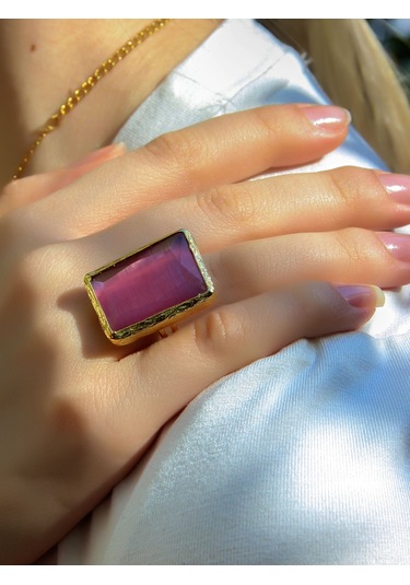 Kedi Gözü Cam Kadın Ayarlanabilir Altın Kaplama Yüzük Pembe Euy69p Pembe