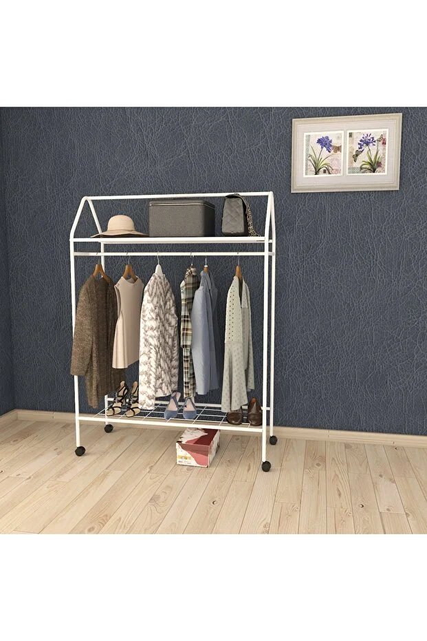 Tekerlekli Home Hanger Metal Askılık Ayaklı Askılık Beyaz