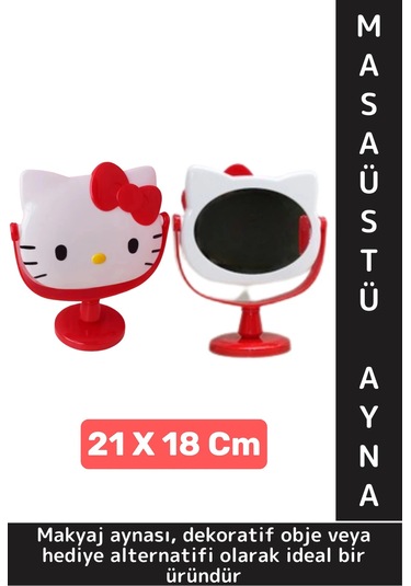 Dekoratif Hediye Sevimli Figür Hello Kitty Tasarımlı Komodin Makyaj Masası Masa Üstü Ayna 21 X 18 Cm